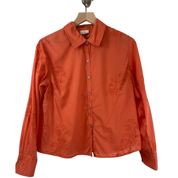 J. Jill Tops - J.Jill Pumpkin All-Over Embroider Button Up Collard Top Blouse Size Med  #4122